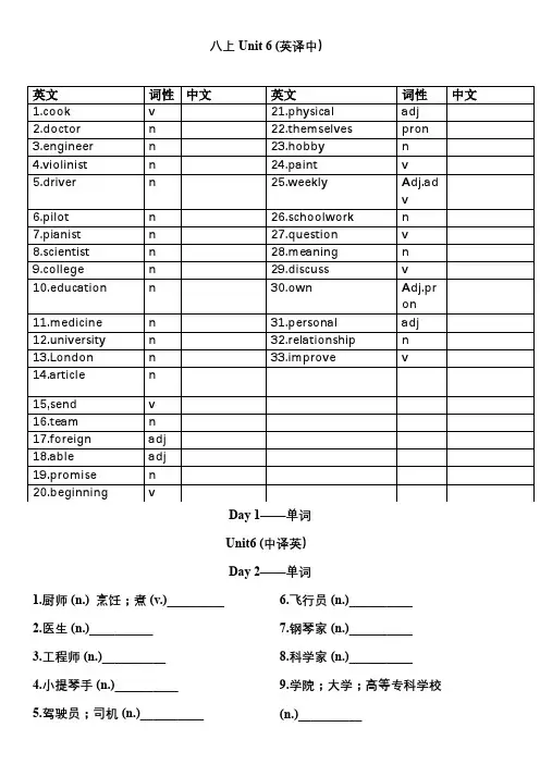 人教版英语八年级上册 Unit 6  单词和短语默写 