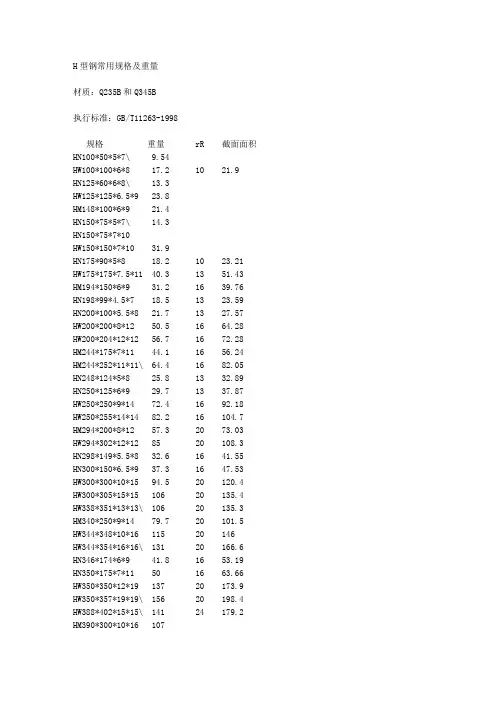 常用H型钢规格