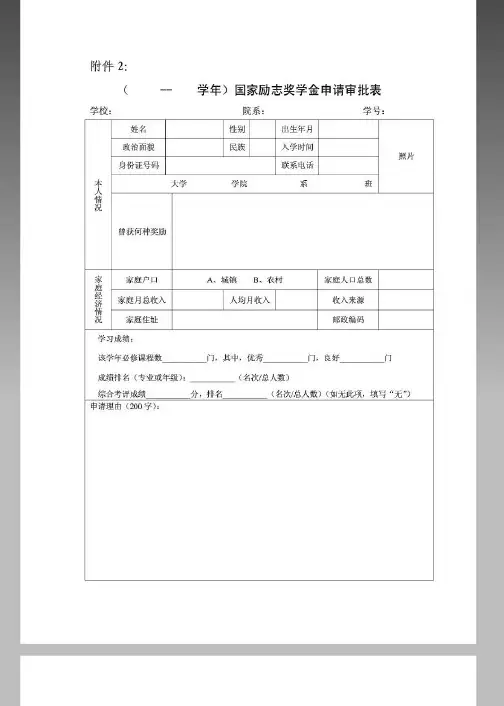 国家励志奖学金申请表