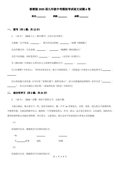 浙教版2020届九年级中考模拟考试语文试题A卷