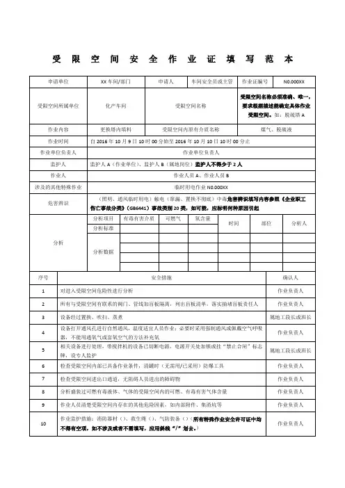 受限空间安全作业证填写范本