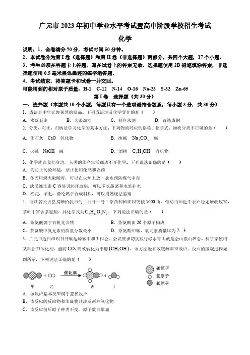 2023年四川省广元市中考化学真题(无答案)