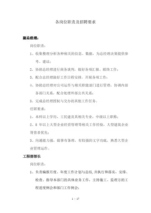 各岗位职责及招聘要求