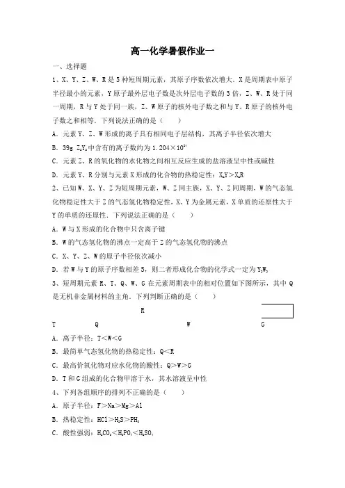 北京师范大学附属中学高一化学精品暑假作业一(含答案)