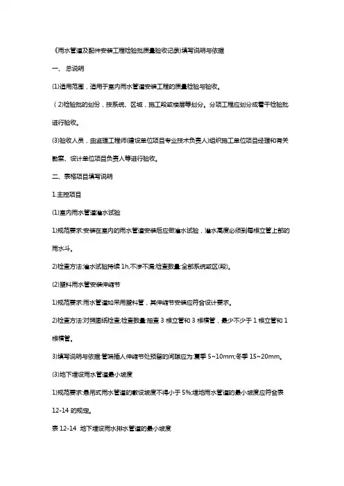 《雨水管道及配件安装工程检验批质量验收记录)填写说明与依据