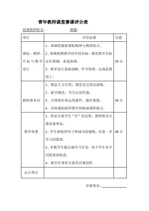 赛课评分表(青年教师)