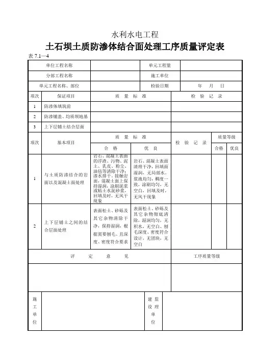 (表7.2-1)土石坝土质防渗体结合面处理工序质量评定表
