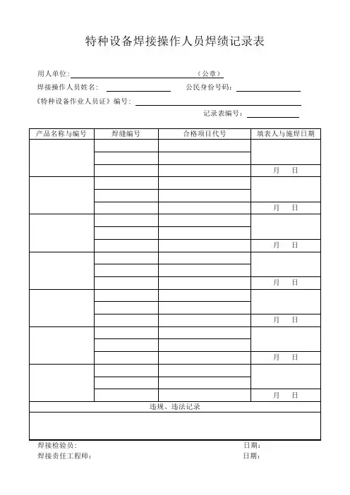 特种设备焊接操作人员焊绩记录表