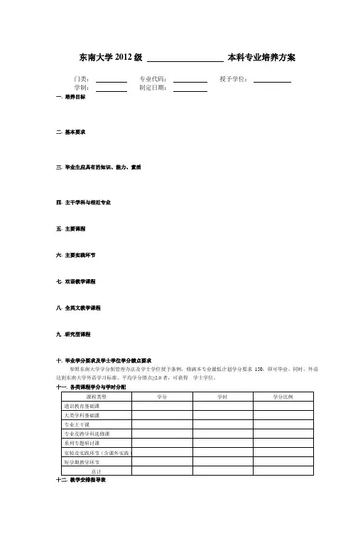 东南大学2012级本科专业培养方案