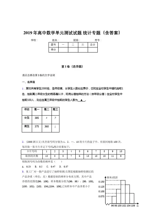 精编新版2019年高中数学单元测试试题-统计专题完整考试题库(含答案)