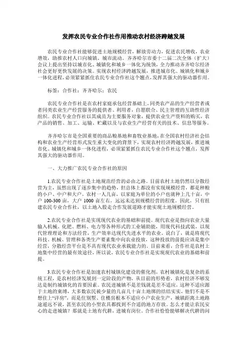 发挥农民专业合作社作用推动农村经济跨越发展