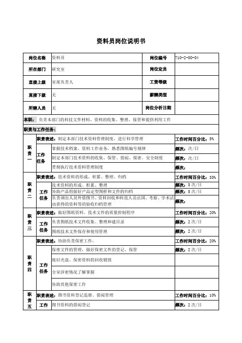 资料员岗位说明书 2