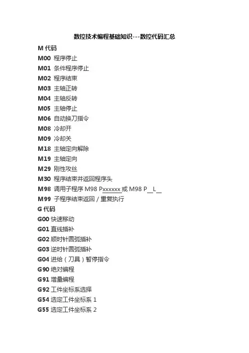 数控技术编程基础知识 G代码M代码汇总