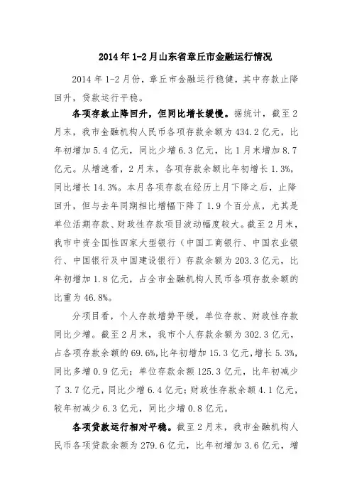 2014年1-2月山东省章丘市金融运行情况