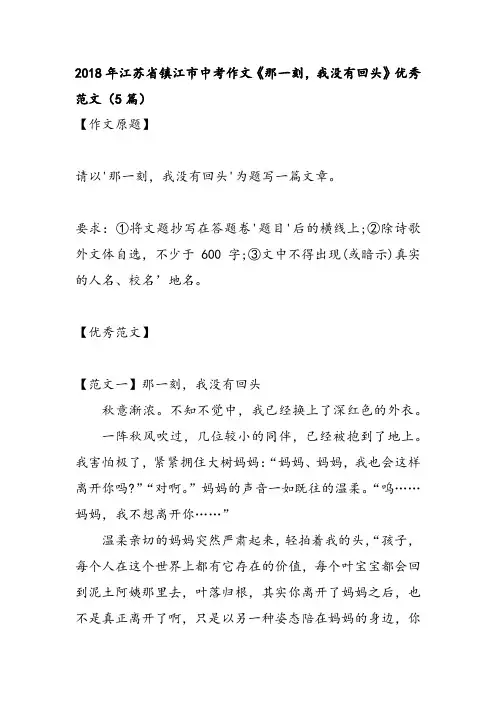 2018年江苏省镇江市中考作文《那一刻,我没有回头》优秀