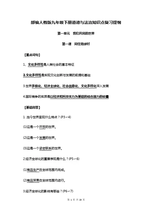 部编人教版九年级下册道德与法治知识点复习提纲