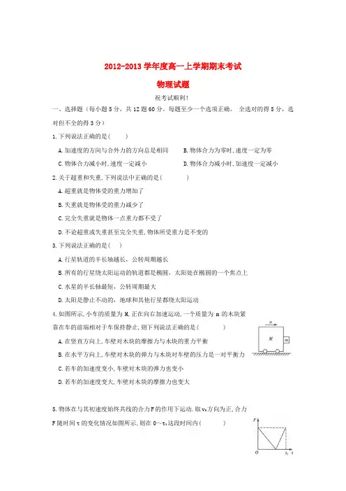 湖北省武汉市高一物理上学期期末考试试题版