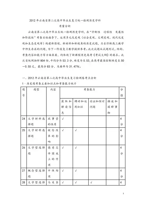 云南省2012年第二次高中毕业生复习统一检测历史质量分析报告