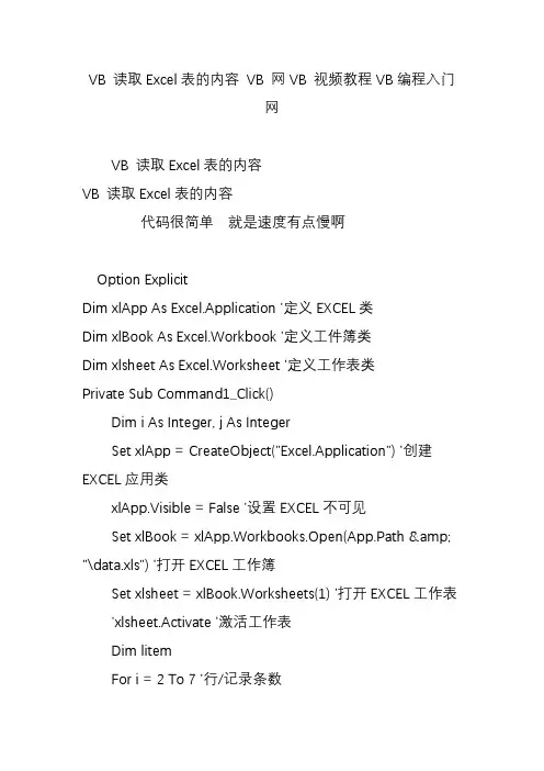 VB 读取Excel表的内容 VB 网VB 视频教程VB编程入门网