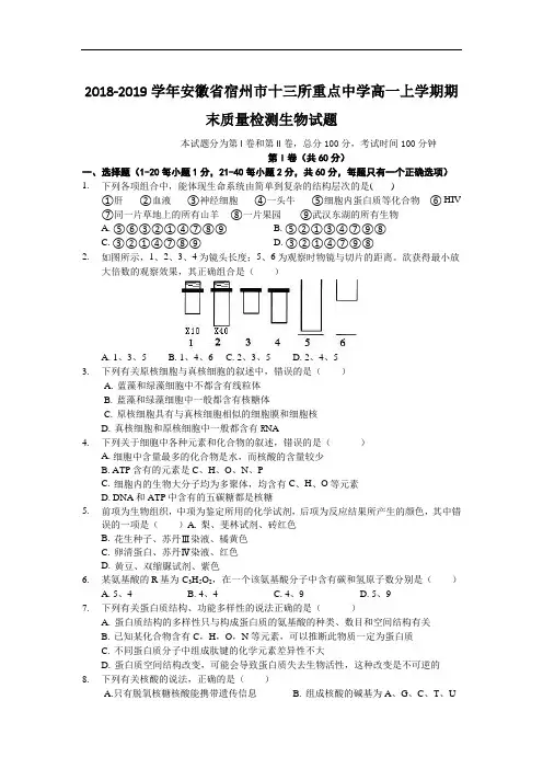 2018-2019学年安徽省宿州市十三所重点中学高一上学期期末质量检测生物试题