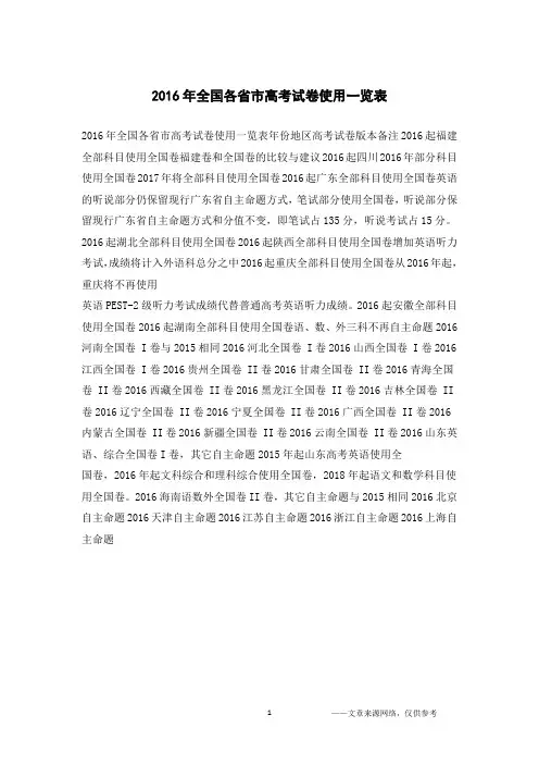 2016年全国各省市高考试卷使用一览表