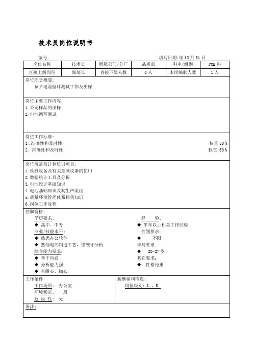 技术员岗位说明书
