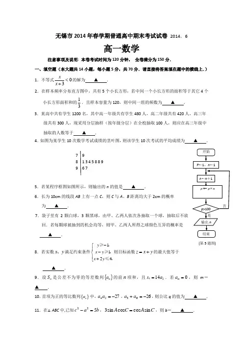 江苏省无锡市2013-2014学年高一下学期期末考试 数学  Word版含答案(苏教版)