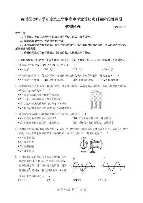 2020 黄浦区高三二模物理试卷