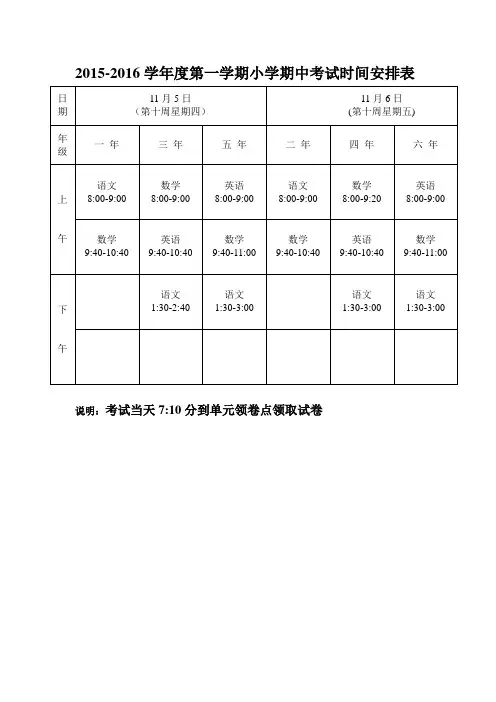 2015-2016年小学期中考试安排表