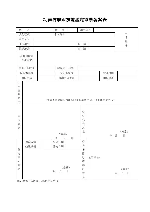河南省职业技能鉴定审核备案表