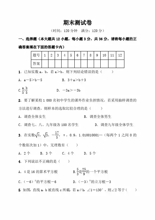 2020年人教版七年级数学下册期末测试卷及答案