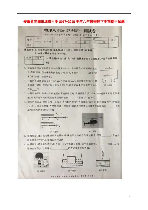 安徽省芜湖市埭南中学2017-2018学年八年级物理下学期期中试题 含答案 沪科版