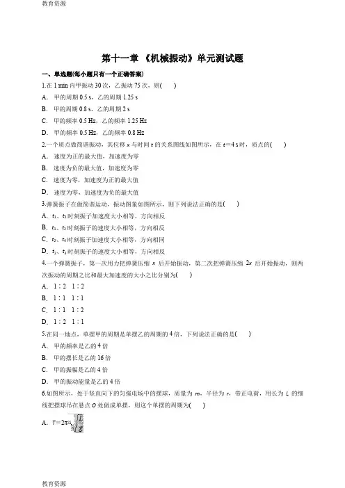 【教育资料】人教版高中物理选修34第十一章 《机械振动》单元测试题(解析版)学习专用