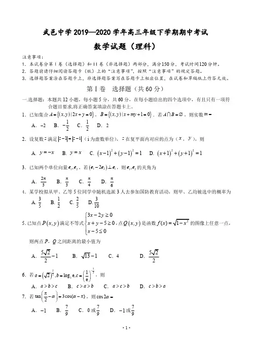 河北武邑中学2020届高三年级下学期期中考试 理科数学(含答案)