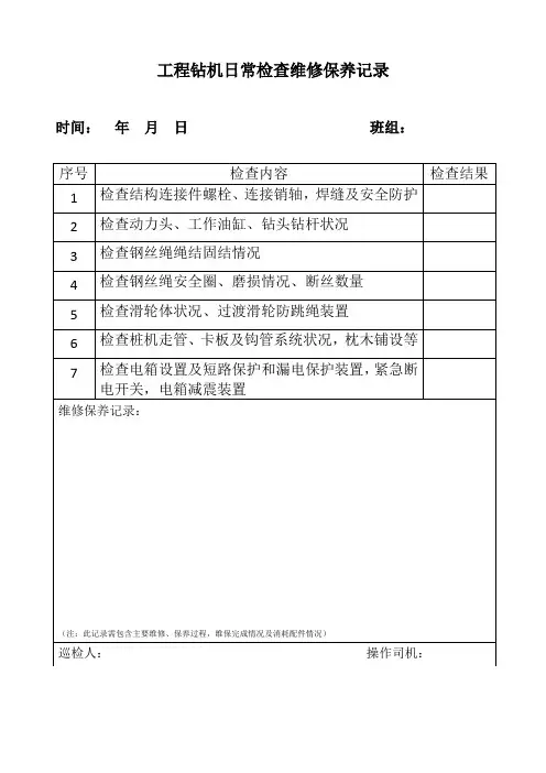 工程钻机日常检查维修保养记录