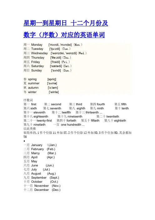 星期一到星期日、月份及数字的英语单词 2