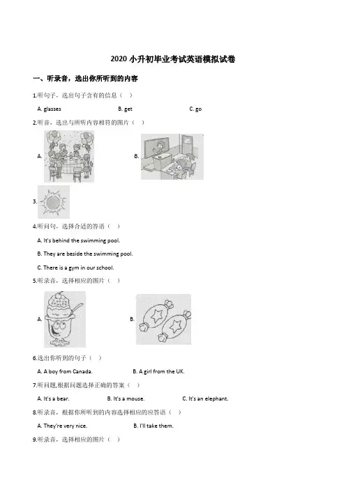2020年译林版小升初毕业考试英语模拟试题 (含答案)
