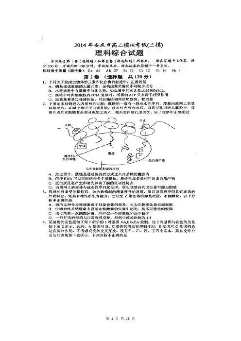 安徽省安庆市2014届高三下学期4月模拟考试(三模)理综试题(扫描版)