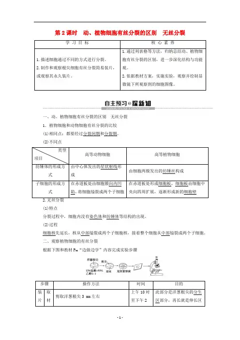 高中生物 第5章 第1节 第2课时 动、植物细胞有丝分裂的区别 无丝分裂教案 苏教版必修1