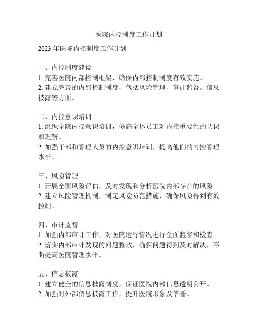 医院内控制度工作计划