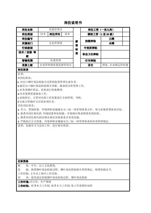 质量管理员岗位说明书范例