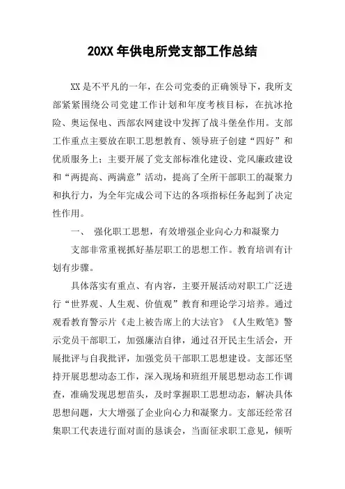 20XX年供电所党支部工作总结