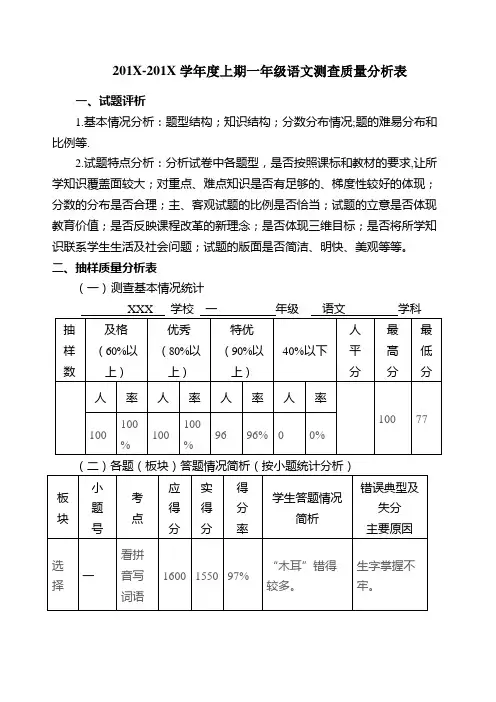小学一年级上期语文期末考试质量分析报告