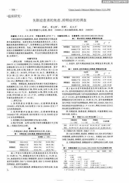 失眠症患者的焦虑、抑郁症状的调查