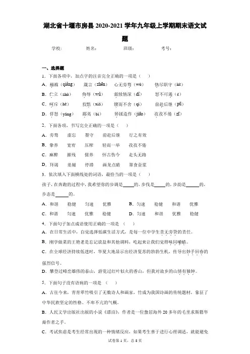 湖北省十堰市房县2020-2021学年九年级上学期期末语文试题