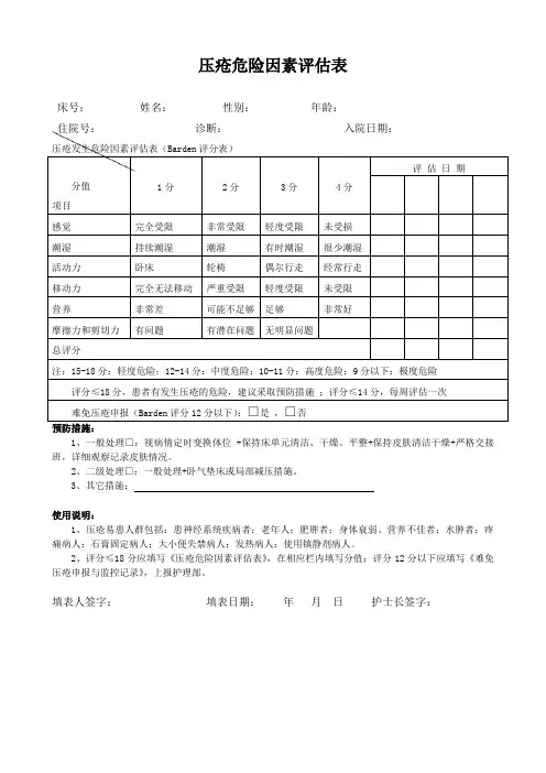 压疮危险因素评估表