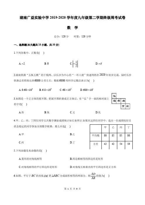湖南省长沙市广益实验中学2020届初三中考最后一套押题密卷数学试卷(word版,无答案)