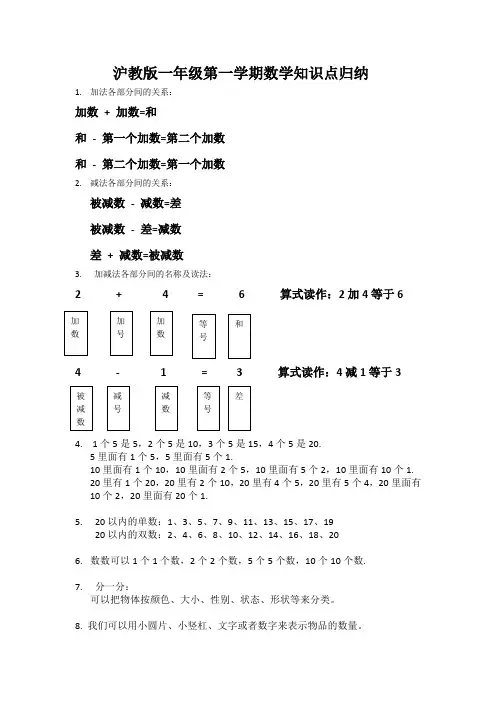 沪教版一年级第一学期数学知识点