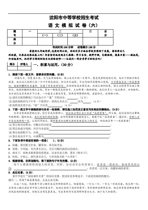 辽宁省沈阳市中等学校招生考试语文模拟试卷(六)