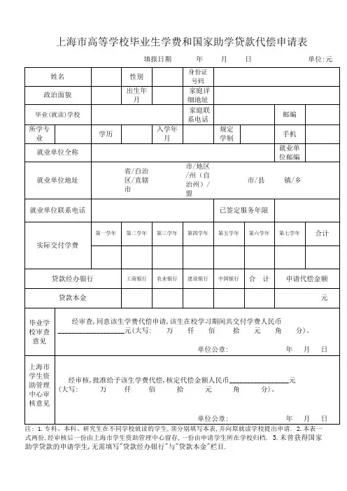 上海市高等学校毕业生学费和国家助学贷款代偿申请表